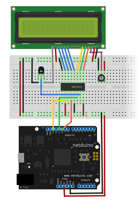 title Wiring 16x2 LCD to Netduino via shift register