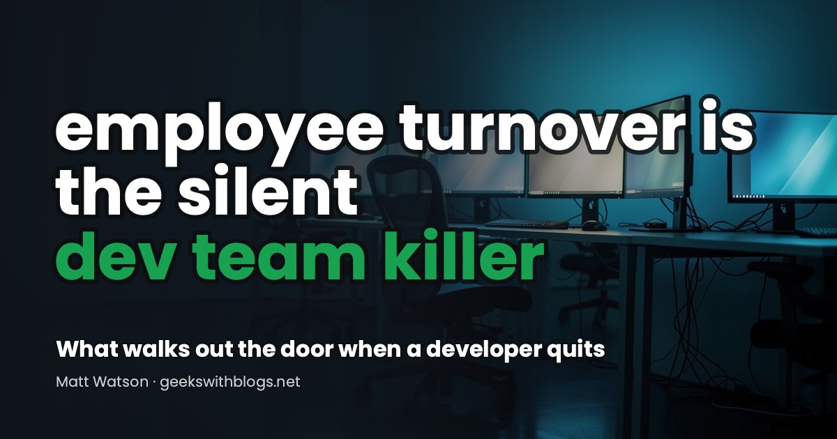 A dark office with a row of developer desks and one empty chair: employee turnover is the silent dev team killer.