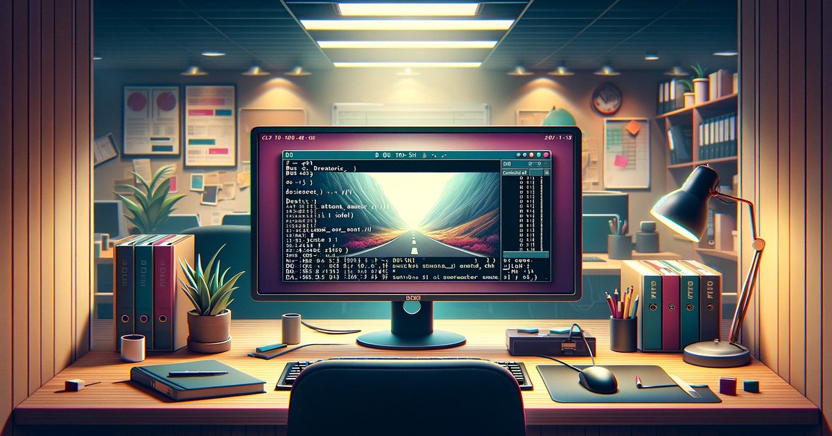 A tidy, well-lit night workspace with a computer terminal on screen showing a Linux directory size command