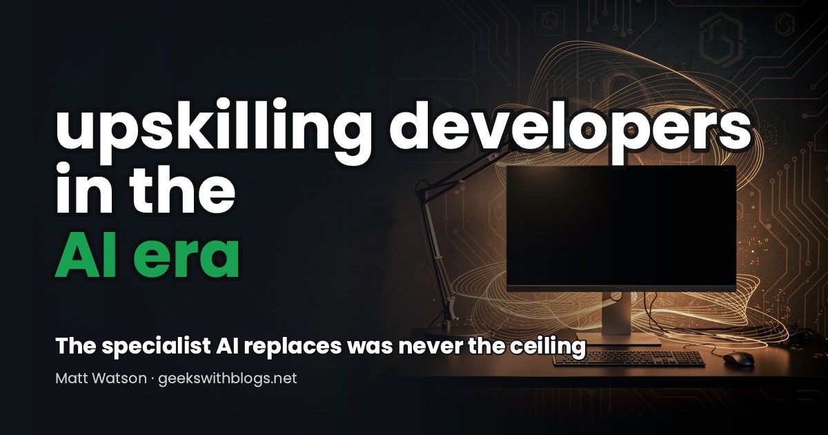 A developer workstation lit by warm neural-network light: upskilling developers in the AI era.
