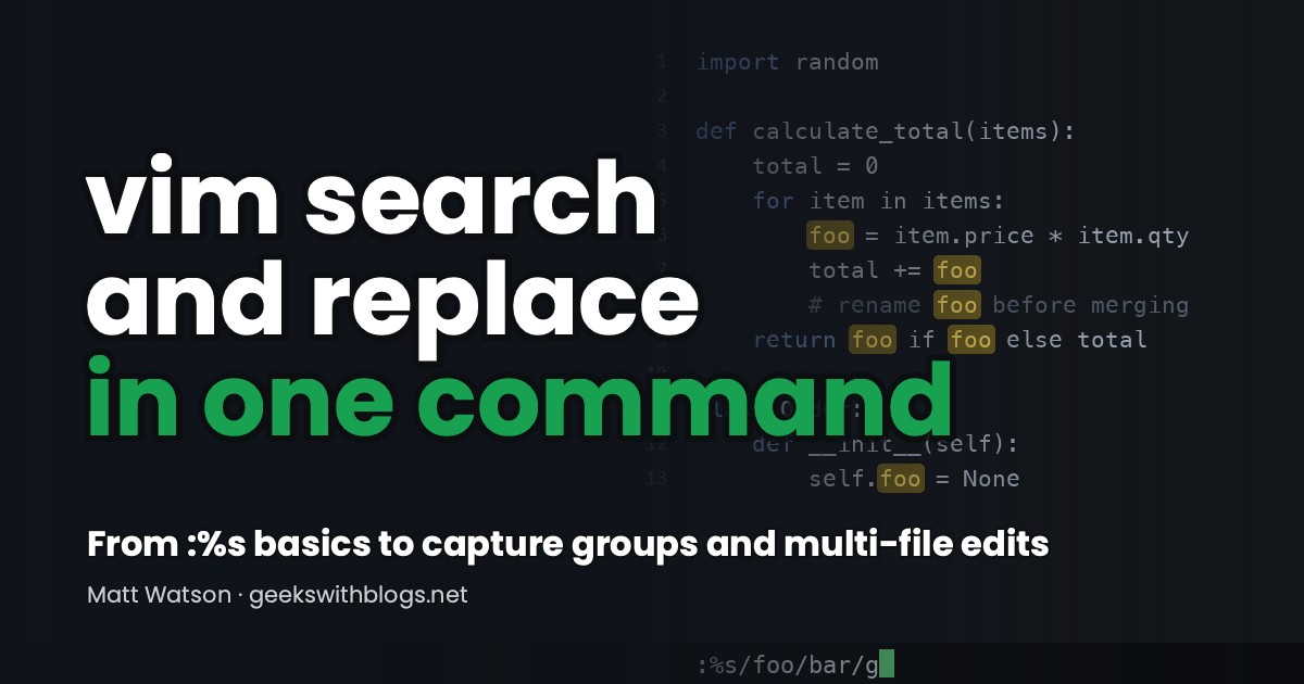 A terminal window showing a Vim search and replace command with matches highlighted across a code file