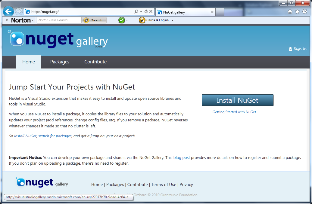 The NuGet Home page has an Install NuGet Button for Setup
