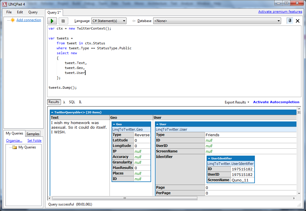 LINQ to Twitter Query in LINQPad